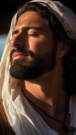 Portrait of Jesus Christ with closed eyes. Handsome man with beard and mustache.の素材