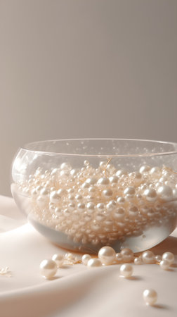 Beads in glass bowl with pearls on white silk backgroundの素材