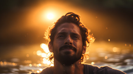 Portrait of a young man with a beard on the background of a night city.の素材