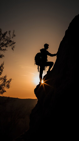 Silhouette of a man climbing on a cliff at sunset.の素材