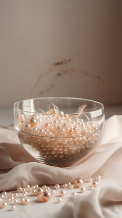 Pearl beads in glass bowl on beige satin cloth backgroundの素材