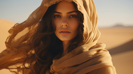fashion outdoor photo of beautiful sensual woman with dark hair in elegant dress and accessories posing in desertの素材