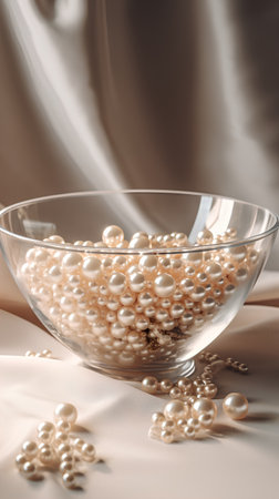 Pearl necklace in a glass bowl on a beige silk backgroundの素材