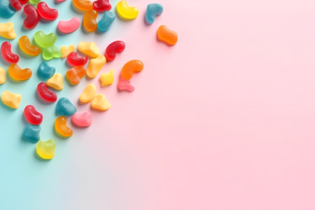 Colorful gummy candies on pastel background with copy spaceの素材