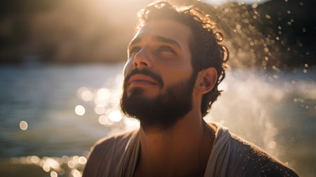 Portrait of a handsome young man with a beard and mustache in a white T-shirt in the rays of the setting sunの素材
