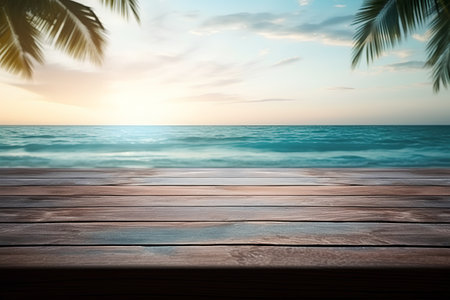 Wooden deck table top on blurred tropical sunset beach background - can be used for display or montage your productsの素材