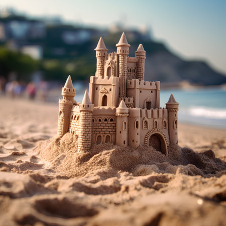 Sand castle on the beach. Summer vacation concept. Selective focusの素材