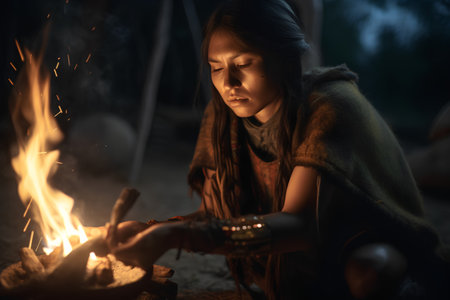 Portrait of a beautiful little girl sitting near the campfire.の素材
