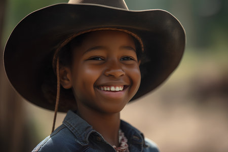 Portrait of a smiling African American girl in a cowboy hat.の素材