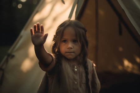 Little girl sitting in front of a tent at night and waving her handの素材