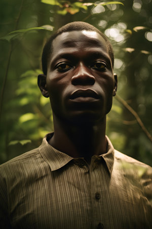 Portrait of a young african man in a green forest.の素材
