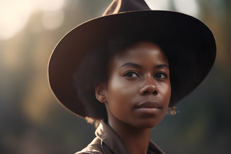 Portrait of a beautiful african american woman in hat outdoorsの素材
