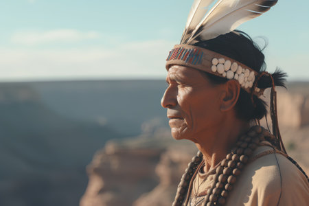 Native American man in traditional clothing in Grand Canyon National park, Arizona.の素材