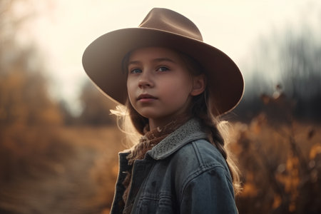 Portrait of a beautiful little girl in a cowboy hat in the fieldの素材