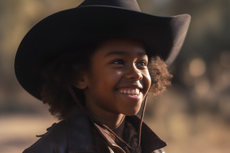 Portrait of a smiling african american girl in a cowboy hat.の素材