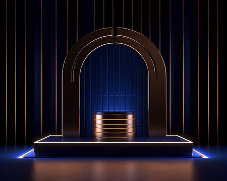 3d rendering of a podium with a blue arch and a golden coinの素材