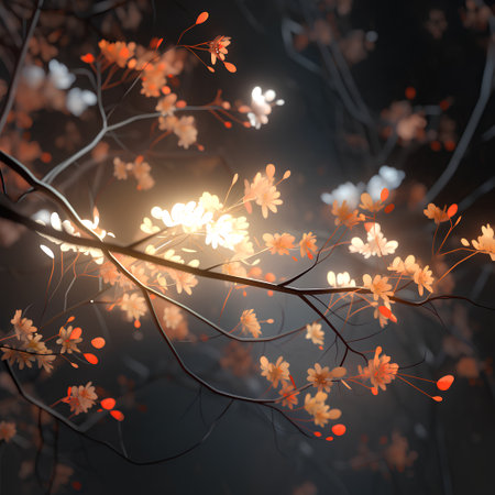 Autumnal background with leaves and bokeh lights. 3D renderingの素材