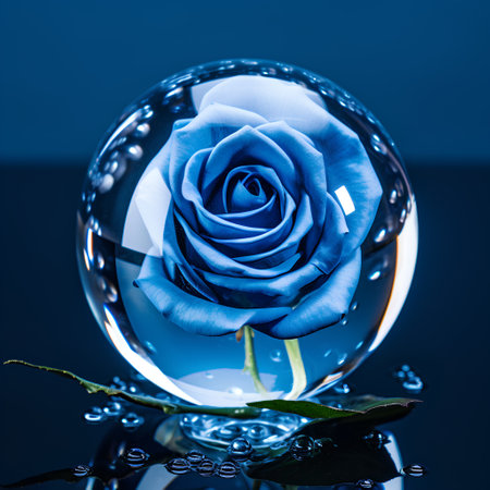 Blue rose in crystal ball on blue background. Blue rose with water drops.の素材