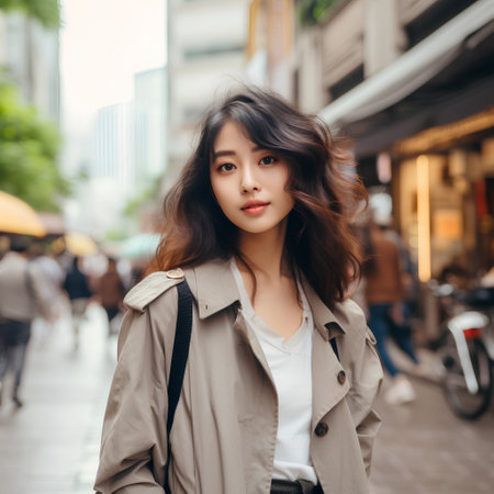 beautiful young asian woman walking in the city. vintage toneの素材