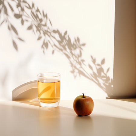 Glass of apple juice and apple on the table. 3d renderの素材