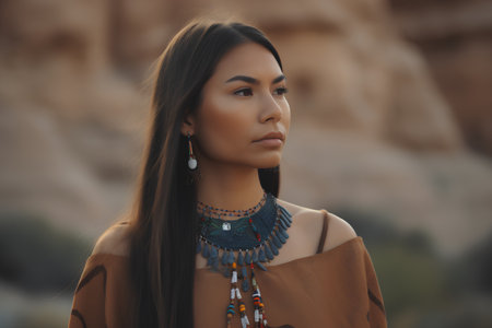 Portrait of a beautiful young woman with boho style clothing in the desertの素材
