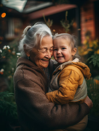 Grandmother and granddaughter in the yard of a country house. Happy familyの素材
