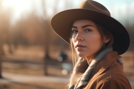 Portrait of a beautiful girl in a hat and coat on a background of autumn park.の素材