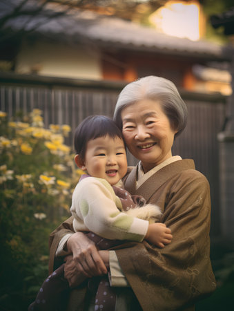 Happy asian senior woman and her grandchild in the garden.の素材