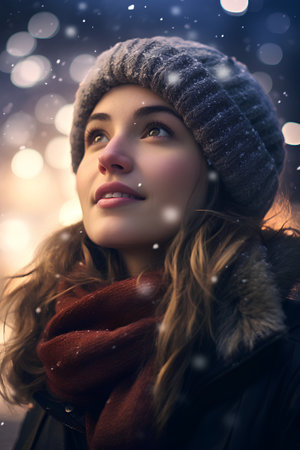 Portrait of a beautiful young woman in winter clothes. Snowfall.の素材