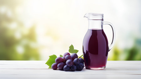 Grape juice in a glass jug and fresh grapes on a wooden tableの素材