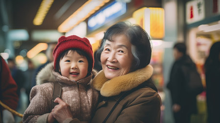 Happy asian senior woman and little girl in Tokyo, Japan.の素材