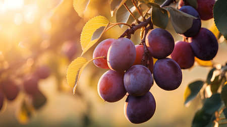 Ripe plums on a tree branch in the garden at sunset.の素材