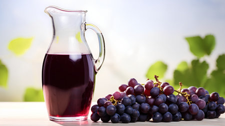 Grape juice in a glass jug and fresh grapes on a wooden tableの素材