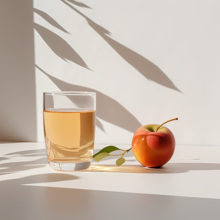Glass of apple juice and apple on white background with shadows and sunlightの素材