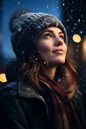 Portrait of a beautiful young woman in winter hat and scarf standing outdoors.の素材
