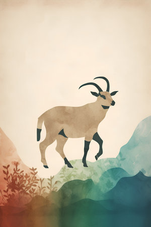 Greeting card or invitation template with a silhouette of a mountain goat.の素材