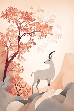 Mountain landscape with wild goat and red autumn leaves. Vector illustration.の素材