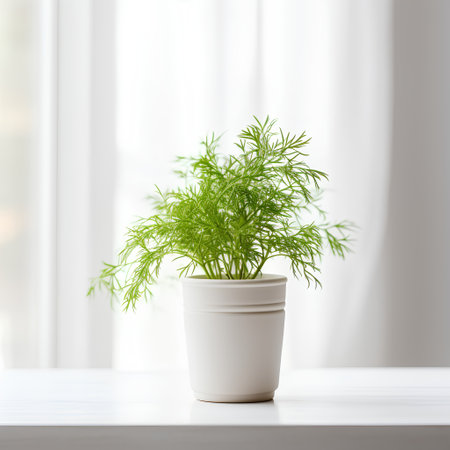 Green dill in a white pot on a wooden table in the roomの素材