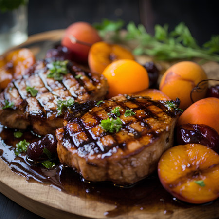 Grilled steak with apricots and parsley on a wooden boardの素材
