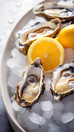 Fresh oysters with lemon and ice on a gray background, selective focus.の素材
