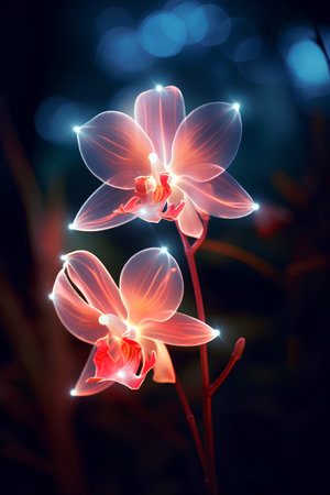 Orchid flower with glowing lights on dark background. 3D illustrationの素材