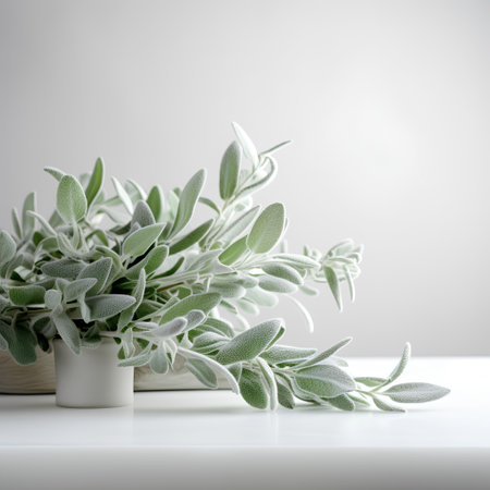 Fresh sage leaves in a vase on a white table. Copy space.の素材