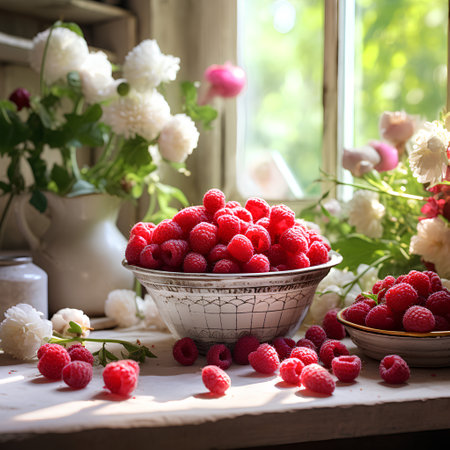 Ripe raspberries in a bowl on the windowsill.の素材