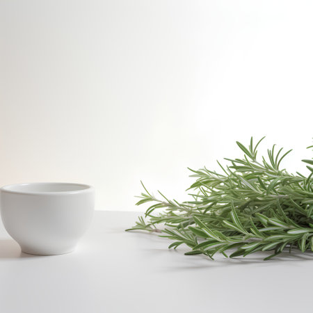 3d render of rosemary herb in a white ceramic bowl.の素材
