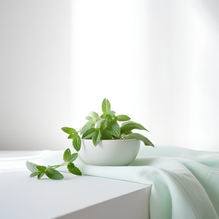 Fresh mint in a white bowl on a table. 3d renderingの素材