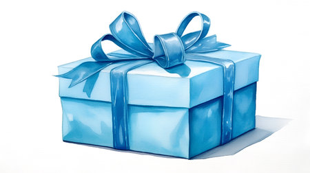 Blue gift box with bow isolated on white background. Watercolor paintingの素材
