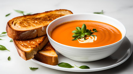 Tomato cream soup in a bowl with toasted baguette slicesの素材