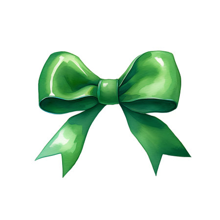 Green bow isolated on white background. Hand drawn watercolor illustration.の素材