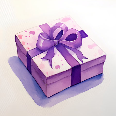 Watercolor gift box with bow on white background. Watercolor illustration.の素材