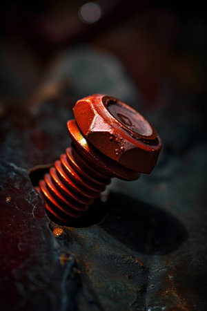 Close-up of a rusty nut and bolt on a dark backgroundの素材